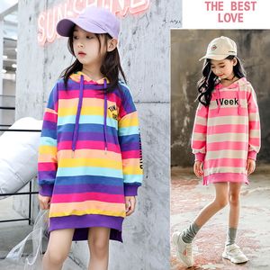 Adolescente crianças camisola 2020 outono arco-íris listrado hoodie casual moletom para meninas tops 12 anos crianças roupas crianças roupas lj201012