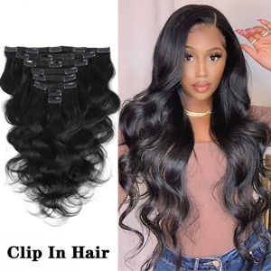 Clipe em extensões de cabelo cabelo humano onda do corpo brasileiro 8 pçs / conjunto natural cor preta 8-26 polegada 120g