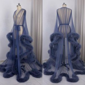 Sexig Illusion Tulle Feather Sleepwear Robes Long V Neckrock En Linje Nattklänningar Bröllop Underkläder Skräddarsy