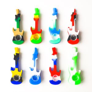 Food Grade Silicone Pipes With Glass Bowl 4.0 inch Tobacco Cigarette Guitar Shaped Smoking Hand Spoon Pipe Tool Accessories