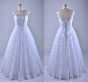 2021 Simple Lace Wedding Dresses Plus Size Cap Short Sleeve Sheer Boat Neck Applique Beaded Sequins Bridal Dress For Beach Wedding As Guest