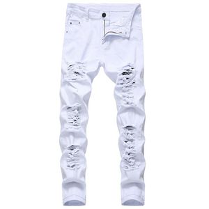 Herren weiße schwarze Höcher Löcher Skinny Jeans in voller Länge Denimhose Streetstyle -Hosen Großhandel PIJ8