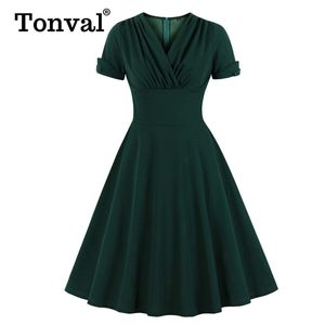 Tonval Ruched V Neck Wrap Wysoka talia 1950s Vintage Green A Line Swing Sukienki Kobiety Plus Size Letnie Eleganckie Party Midi Dress Y0118