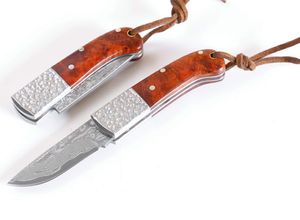 Ny liten Damascus Pocket Folding Knife VG10 Damascus Steel Blade Red Shadow Wood Handle EDC Knives With Nylon Bag