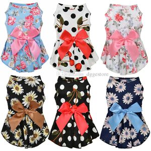Dog Dress with Bow Sublimation Printing Dog Apparel Elegant Floral Ribbon Pet Princess Dresses Pets Sundress Puppy Skirt for Small Girl Dogs Chihuahua Poodle A307