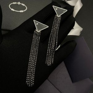 Women's Fashion Brand Black Stud Earrings Triangle Long fringe chain Pendant Earrings with Stud earrings Women's Luxury Designer Jewelry Gift 2024