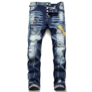 E-Baihui 2021 Autumn and Winter Jeans White Men's Slim Stretch Pants New Ragged Printed Pants Blue Tight Beggar Trousers 1061