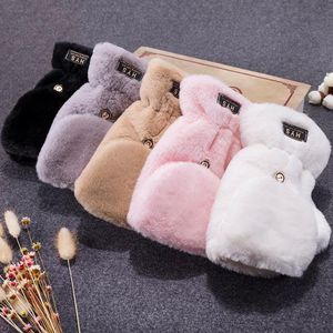 Soft Faux Fur Gloves Fuzzy Lined Flip Up Down Top Fingerless Winter Warm Cover Mittens for Teen Girls Women Outdoor Sports black white grey