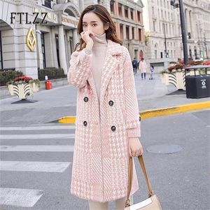 Mode Plaid Wool Coat Kvinnor Höst Vinter Koreansk stil Medium Långlackar Ladies Turndown Collar Warm Pink OuterWear 201218