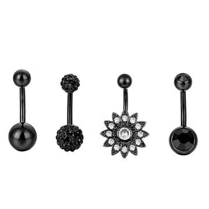 4pcs/set Black Color Flower Navel Piercing & Bell Button Rings Surgical Stainless Steel for Women Fashion Summer Beach Party Jewelry