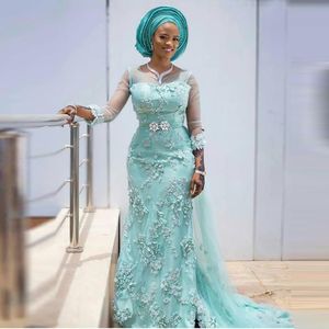 Mint Green Mermaid Suknie Wieczorowe Iluzium Z Długim Rękawem 3D Kwiatowy Koronki ASO EBI Prom Reception Suknia Caftan Marocain de Mariage