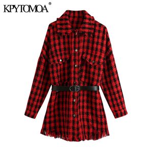 Kpytomoa النساء أزياء مع حزام المتضخم تويد سترة معطف خمر طويلة الأكمام المتوترة شرابة الإناث قميص شيك قمم 201106