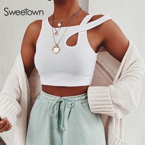 Surdown Solid Sonl Women Women Tank Tops Gym Roupas Sem Mangas Skinny Sexy Cut out Bralette Crop Top Verão Streetwear Branco T200605