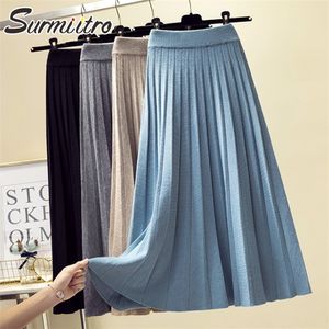 SURMIITRO Fashion Autumn Winter Knitted Midi Long Pleated Skirt Women Korean Style Blue Mid-Length High Waist Female 220214