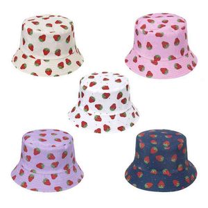 Unisex Reversible Double Sided Bucket Hat Sweet Strawberry Fruit Printed Outdoor Sunscreen Foldable Panama Fisherman Cap G220311