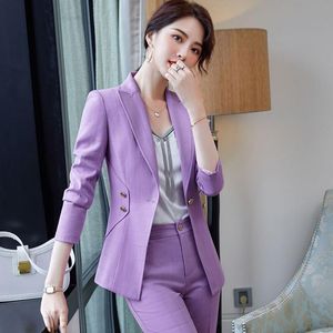Women's Two Piece Pants IZICFLY Autumn Winter Purple Career Professional Pant Suits Ladies Office Business Blazer And Trouser Uniform Set