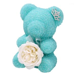 Ghirlande di fiori decorativi Crystal Diamond Rose Bear con fiore di sapone emulato e corona Compleanno Festa di nozze Regalo di San Valentino