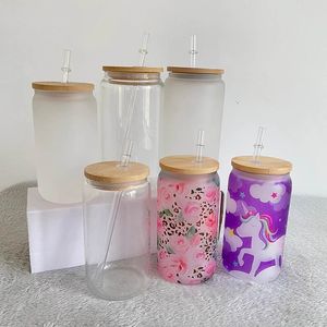 Local warehouse oz Sublimation Clear Frosted Glass Beer Mugs With Bamboo Lid and Reusable Straw Heat Transfer Glass Soda Pop Can Coffee Milk Juice Cups B6