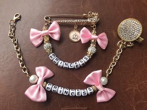 MIYOCAR any name can make bling rhinestone pink bow pacifier clip dummy clip stroller chain stroller toy set LJ201110