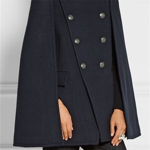 UK Fall / Winter Nyaste Runway Designer Kvinnor Oversierad Ull Poncho Navy Cape Coat Kvinna Clook Manteau Femme Abrigos Mujer 201210