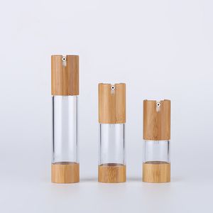 Frasco de bomba cosmética sem ar de plástico AS de alta qualidade 30ml 1oz com fundo e tampa de bambu, 15ml 50ml 80ml 100ml Frasco de bomba de loção sem ar de bambu em forma de U navio grátis