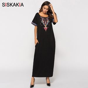 Siskakia женщин длинное платье черное этническое вышивка пэчворк Maxi платья лето городской повседневный футболка платье мусульманская одежда T200601