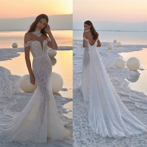 Sıcak Satış Mermaid Gelinlik Uzun Tren Seksi Backless Inciler Tam Dantel Gelin Kıyafeti Kapalı Omuz Custom Made Vestidos De Novia