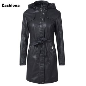 Cashiona 2020 Yeni Faux PU Deri Uzun Ceketler Kadın Sonbahar Kapüşonlu Giyim Fermuar Kış Mont Ince Ceket Hoodies Artı Kadife LJ201012
