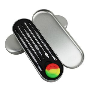 Großhandel Rainbow Silver Dab Tool Kit Set Tasche mit 5 ml Silikonbehälter 5 Stück langes Dabber-Werkzeug aus Metall, Einzelverpackung für Wachs, trockenes Kraut