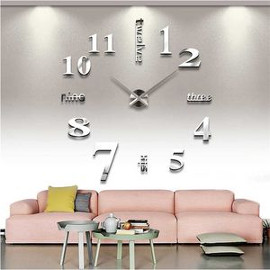 クォーツ壁時計ファッションウォッチ3D本物の大きな時計急ぎのミラーステッカーDIYリビングルームの装飾220115