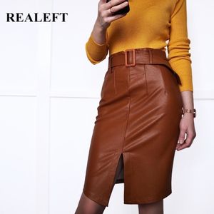 Wholesale leather sheaths resale online - REALEFT Spring PU Leather Skirts Elegant Pencil Midi Skirts High Waist Split Sheath Wrap Skirts with Belt Female New Y200326
