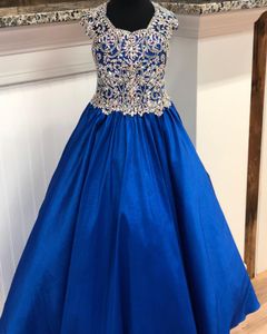 Royal Blue Satin Pageant Dress for Teens Juniors 2021 Sparkle Bling Crystals Long Pageant Gown for Little Girl Zipper Formal Party rosie