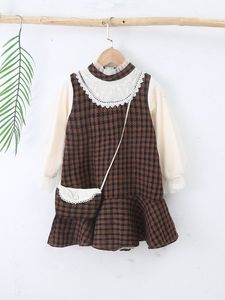 Toddler Girls Plaid Frilled Embroidery Mesh Insert Ruffle Hem Dress With Bag SHE