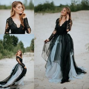 and 2021 Black Ivory Gothic Dresses Long Sleeves Scalloped Deep V Neck Tiered Skirt Tulle Custom Made Wedding Gown Vestido De Novia 403 estido