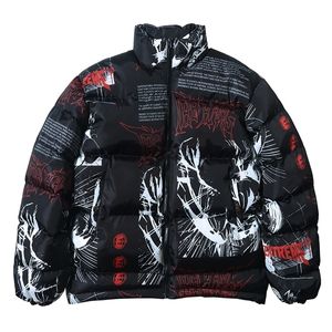 Kurtka w dół Japoński Cartoon Graffiti Drukuj Mężczyźni Gruby Parka Winter Ciepła Wyściełana Kurtka Płaszcze Harajuku Windbreaker Streetwear 201218