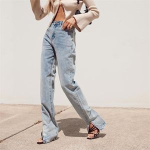 Straight Jeans for Women High Waist Classic Retro Sexy Boyfriend Pants Blue Loose Splits at Ankles Mom Denim Long Pante 210203