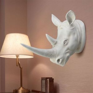 KiWarm Resin Exotic Rhinoceros Head Ornament White Animal Statues Crafts for Home Hotel Wall Hanging Art Decoration Gift T200331