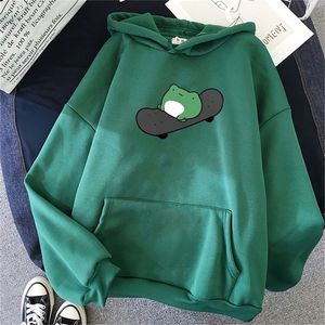 winter Skateboard frog oversized Sweatshirt men and women's Hoodies Harajuku Warm Pullover Drawstring Pink Womens Korean style 201216