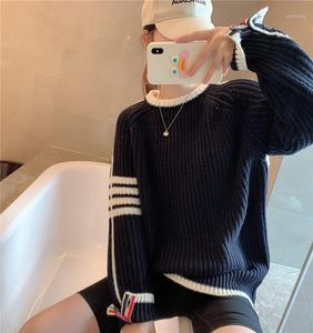 Fall 2021 Women Clothing Luxury Winter College Style Thick Needle Knit Pullover Loose Sweaters Casual Stripes Colorblock Tops1