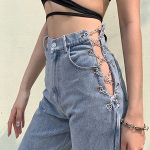 Meqeis Harajuku hohe Taille aushöhlen Kettendesign Slim Jeans Frau Freizeit Streetwear Pendeln hochwertige strgight Hosen 201029
