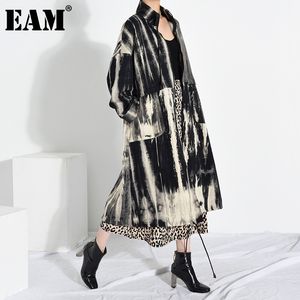 [EAM] Women Black Printed Big Size Long Trench New Stand Collar Long Sleeve Loose Windbreaker Fashion Spring Autumn 1U80301 201028