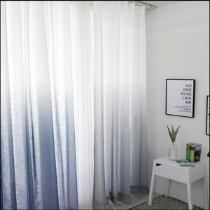 Simple modern bay window balcony gauze blue white curtain bedroom living room small gray gradient curtains finished product