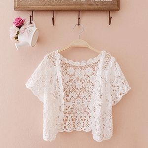 Summer Short Sleeve Cotton Coat Crochet Cardigan Blouse Shirt White Apricot Women Tops Hollow Out Tassel Lace Sexy Femme 80E Y200827