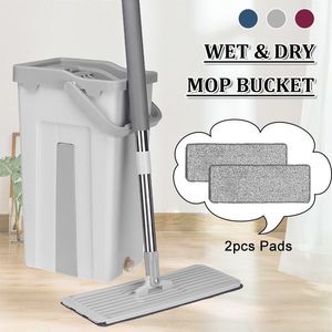 Wholesale self cleaning mop for sale - Group buy Hand Free Wringing Flat Squeeze Mop Bucket Floor Cleaning Mop Wet Dry Usage Magic Automatic Spin Self Cleaning Mop colors LJ201130