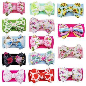 2022 Nya ins tryckta nylonduk Huvudband Baby Bow Flower Boutique Girls Böhmen Hair Tillbehör Kids Headwear