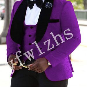 Bonito Um Botão Groomsmen Shawl Lapel Noivo TuxeDos Homens Suits Casamento / Prom / Jantar Melhor Homem Blazer (Jacket + Calças + Tie + Vest) W651