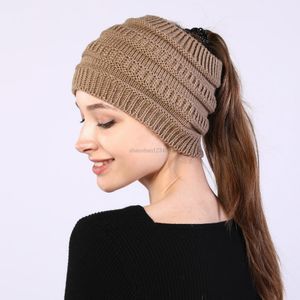 Knitted ponytail cap Beanie winter hair band hat hood Soft Stretch hats for women fashion will and sandy black white