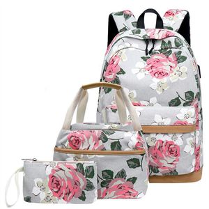 十代の女の子の学校のバッグのための学校のバックパック軽量の子供たちのバッグ子供旅行花のキャンバスバックパックブックバッグセット