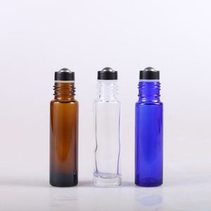 DHGATE 5ML 10ml âmbar âmbar azul de petróleo rolo de vidro de óleo na garrafa com rolo de metal à prova de gotas, garrafa de óleo essencial de óleo de massagem com rolos