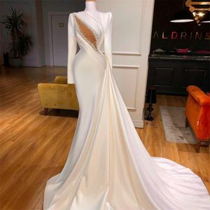 New Long Sleeve Evening Dresses High Neck Satin Ruffle Beaded Bridal Reception Gowns Custom Made Mermaid Prom Dress